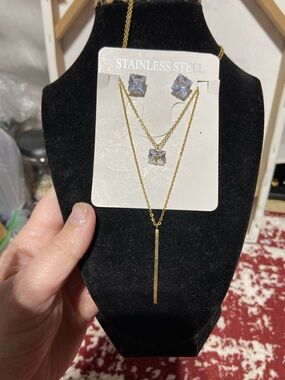 Gold Tone Stainless Steel Layered Necklace and Cubic Zirconia Earring Set - Gold